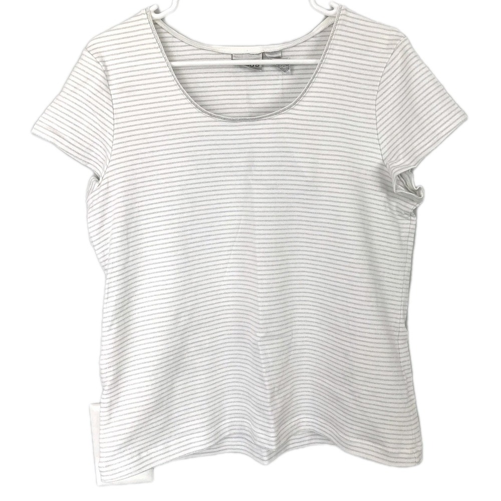 Chico's Shirt Women 3 (XL) Wht Silver Stripe Scoop Neck Short Sleeve Glitter NWT